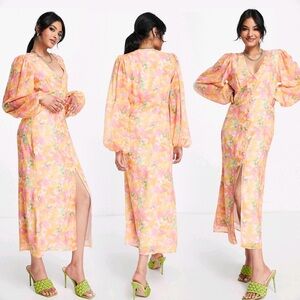ASOS Balloon Sleeve Pink Orange Floral Button Up Dress